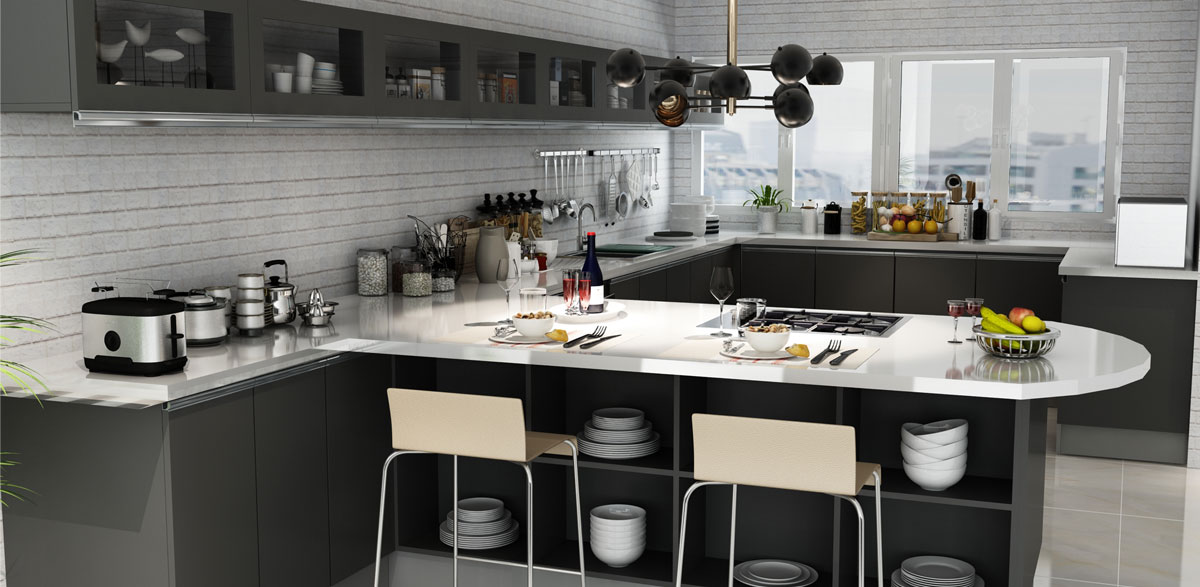 kitchen cabinet with black table top